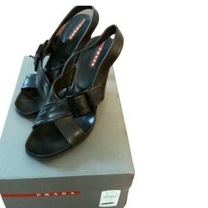 Prada Buckle Open Toe Strappy Heels Sandals EUR 38 US 8 Brown